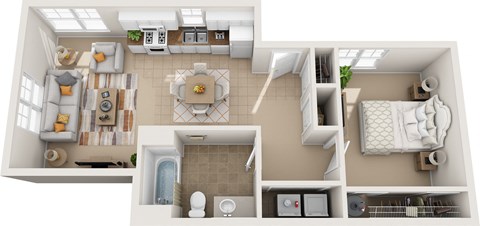 a 3d floor plan of a house with a bedroom and a living room